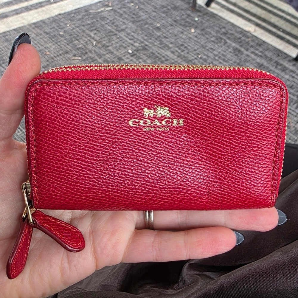 Coach Double Zip Coin Case Women Small True Red Crossgrain Leather F63921 - Picture 5 of 5